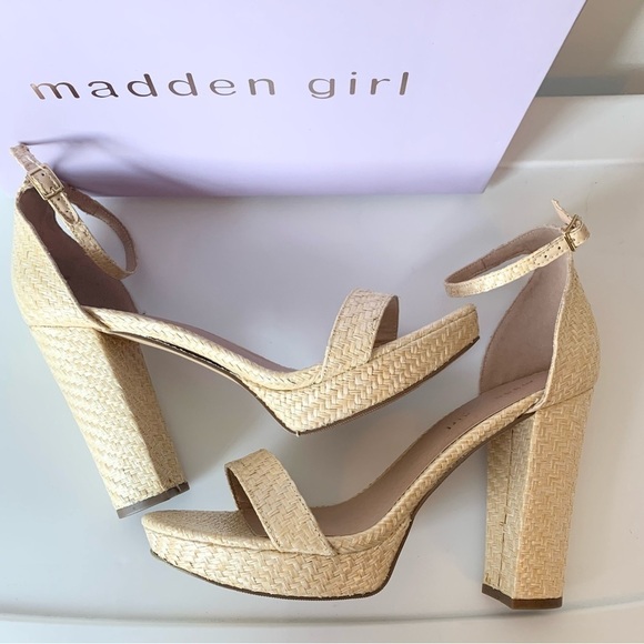 𝅺MADDEN GIRL Raffia Chunky 5" High Heels Size 9.5M NEW - Picture 1 of 7